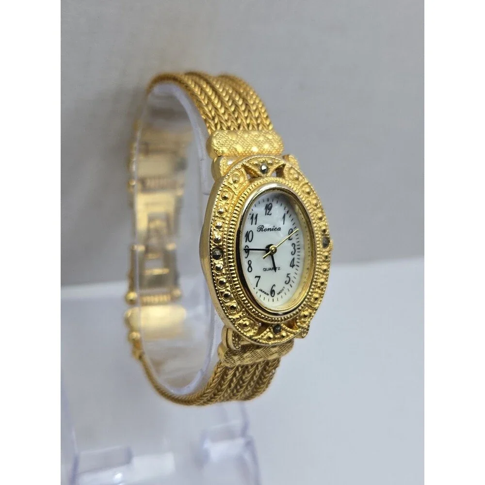 Vintage Ronica Womens Gold Tone Marcasite Multi Chain Bracelet Watch New Battery